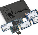 One SATA SSD, a 2230, 2280, and 2242 M.2 SSD, two mSATA SSDs and a BGA SSD package