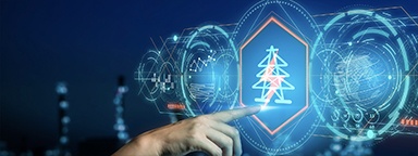 A finger pointing at a floating graphic of a pylon with a lightning bolt on it in red