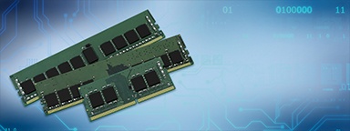 16Gbit server, desktop, and notebook memory modules over an illustration of traces and chips of a circuit board