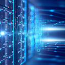A rack of servers with a blue glow
