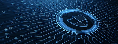 a blue 2D illustration of a shield in a circle connected by circuit lines on a dark background