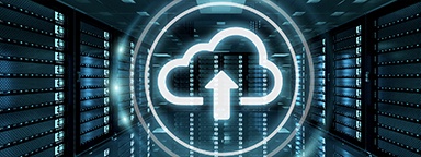 Cloud graphic with an up arrow with server racks in the background