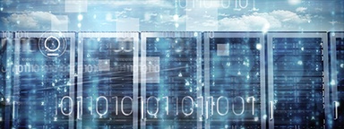 clouds in the sky behind a server room with binary codes illustrated on top