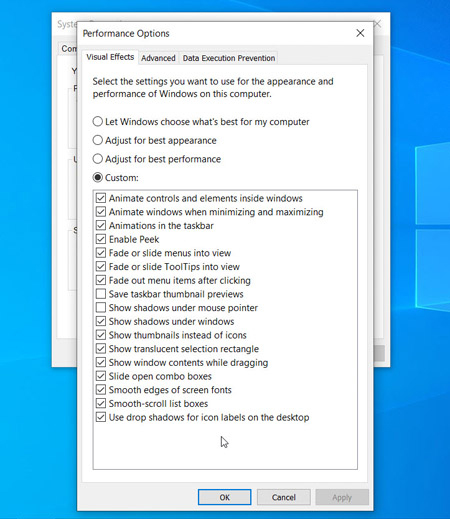 특수 효과 비활성화 Windows 10의 성능 옵션에있는 시각 효과 탭