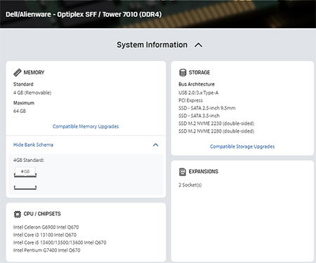 screenshot of the Configurator results of a Dell model PC