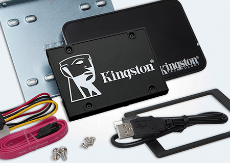 Bộ lắp đặt ổ SSD KC600 Ổ SSD KC600 của Kingston có kèm theo hộp đựng USB 3.0, cáp USB và giá đỡ dành cho máy tính để bàn