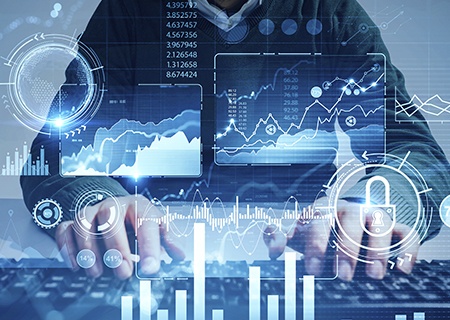 A man’s hands typing on a keyboard at blurry table with double exposure of immersive HUD infographic interface