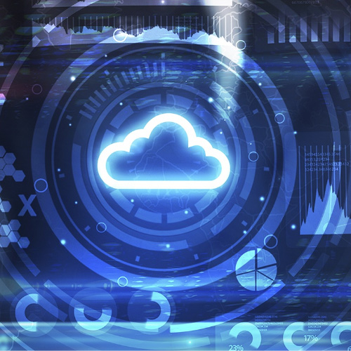 a man in a server room, holding a tablet with a 2D cloud technology and diagram illustration popped from the screen