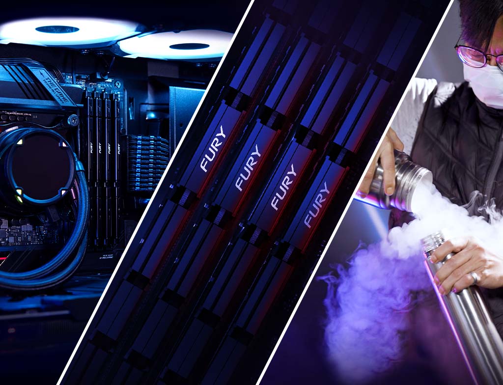 液体窒素を注ぐオーバークロッカーと、ぼやけた背景の Kingston FURY ロゴ