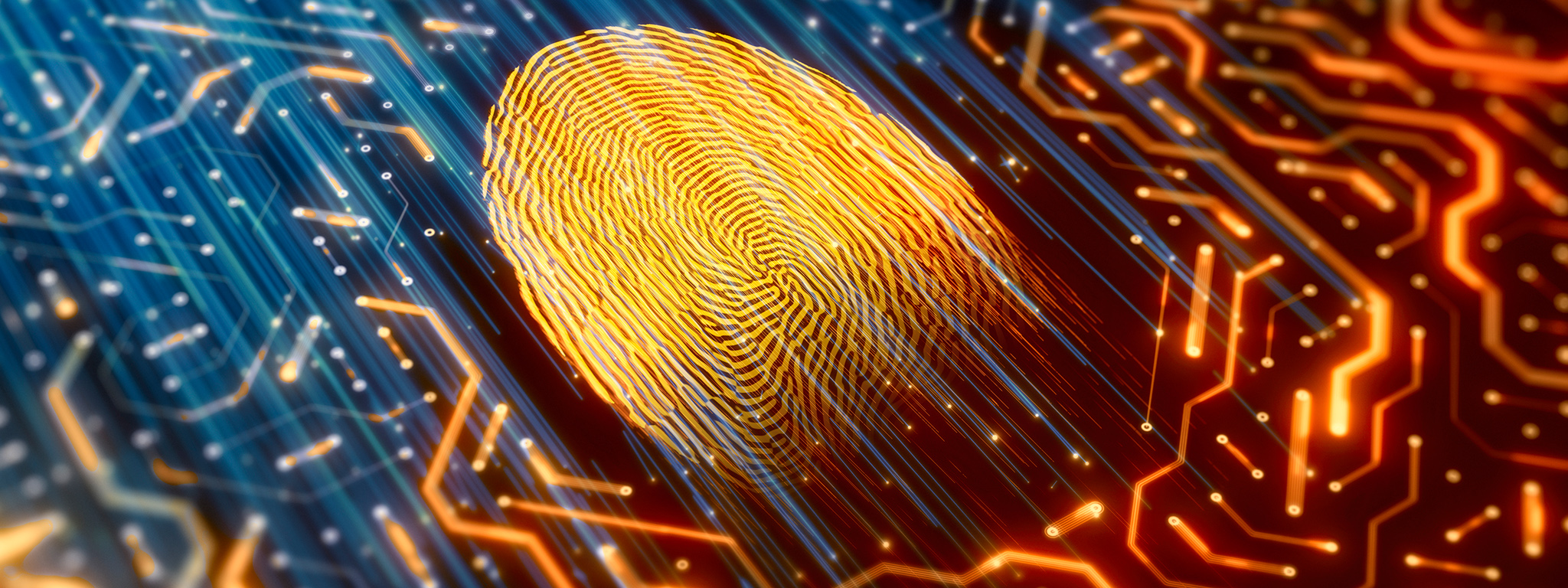 Ein in Gold beleuchteter Daumenabdruck auf einer dunklen Leiterplatte mit orange und blau leuchtenden Schaltkreisen