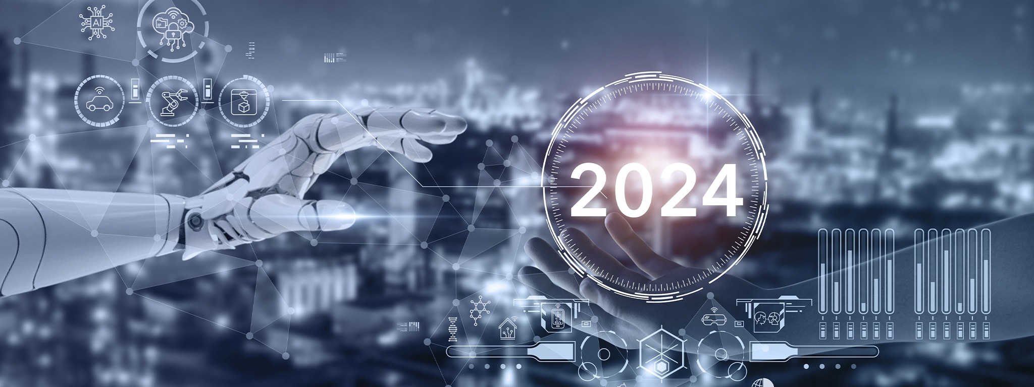 3D-Rendering von Roboter- und Menschenhänden, die einen 2024-Kompass vor einem digitalen Hintergrund auffangen