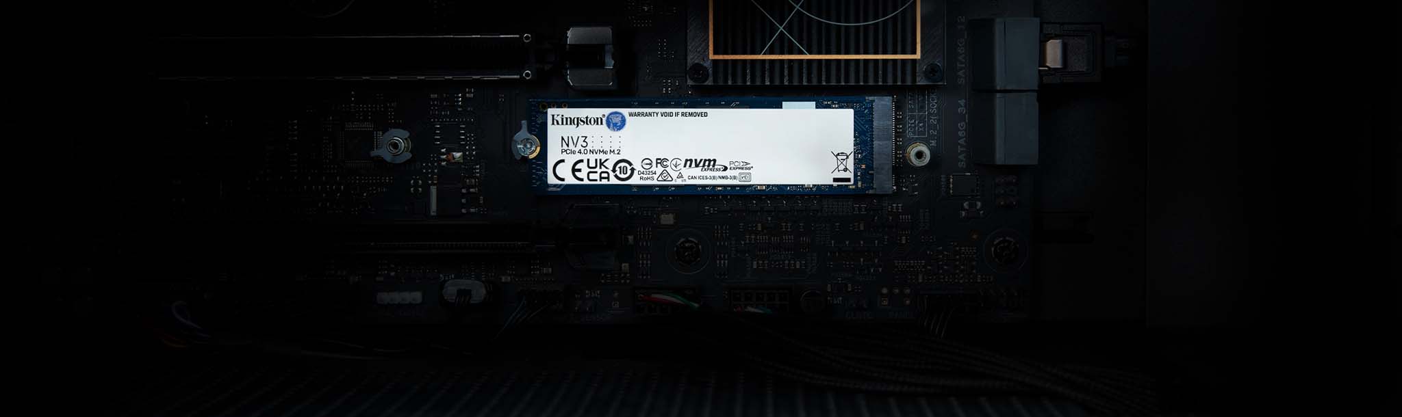 A Kingston NV3 PCIe 4.0 NVMe SSD is installed into a socket on a motherboard.
