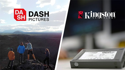 Логотипы DASH Pictures и Kingston Technology: кадр с видом на горы из "Фантастических друзей" и твердотельный накопитель DC NVMe от Kingston