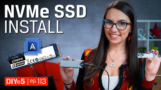 Trisha Hershberger holding an external M.2 enclosure and an M.2 SSD