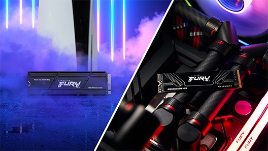 左側には PS5 の前に置かれた FURY Renegade ヒートシンクSSD、右側にはゲーミング PC のマザーボードに取り付けられた FURY Renegade G5