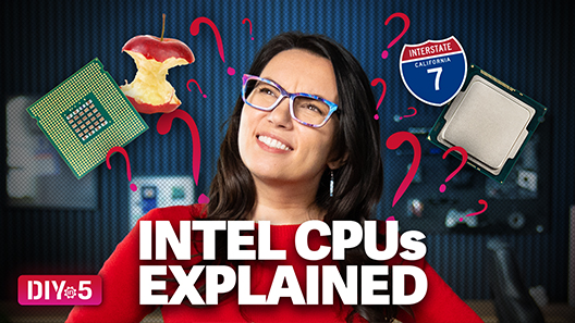 Trisha, bao quanh bởi hình ảnh một CPU, một lõi quả táo và một biển báo đường cao tốc số 7